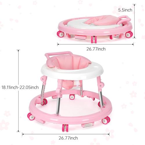 Pink Baby Walker Foldable with 9 Adjustable Heights, Baby Walker with Wheels Portable, Infant Toddler Walker for Baby Boy Girls 6-18 Months (Pink)