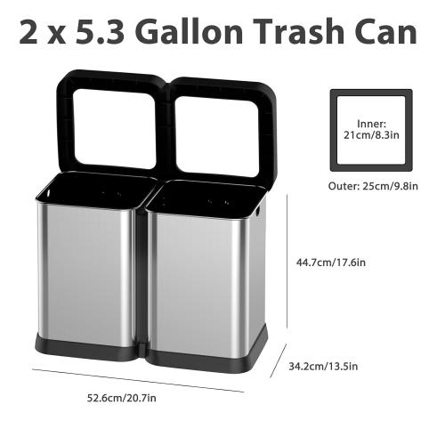 GAOMON 2x5.3 Gallon Kitchen Trash Can, Dual Compartment Waste Bins, Open Top, No Lid Stainless Steel Trash Bin for Kitchen, Office, Restaurant