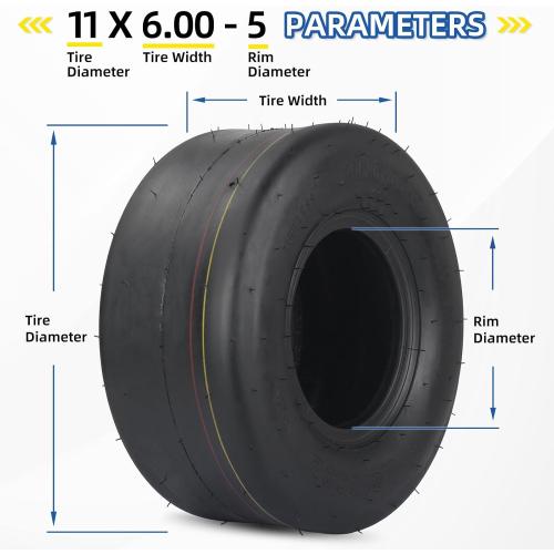 11x6.00-5 Tubeless Zero Turn Mower Tires, Riding Lawnmower Smooth Tread, 4 Ply