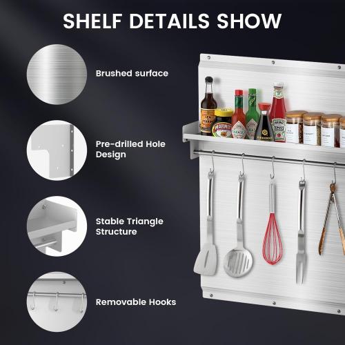 30x30 Stainless Steel Range Backsplash with Stove & Range Hood - Wall Mount Kitchen Back Panel with Storage Shelf & Knife Rack, Pre-Drilled Holes, Easy to Clean & Install
