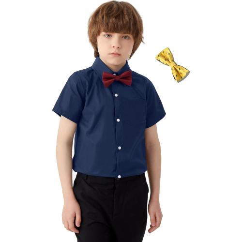 Size S....Boys Short Sleeve Dress Shirts Solid Poplin Soft Stretch Fabrics with Two Bow Tie Set