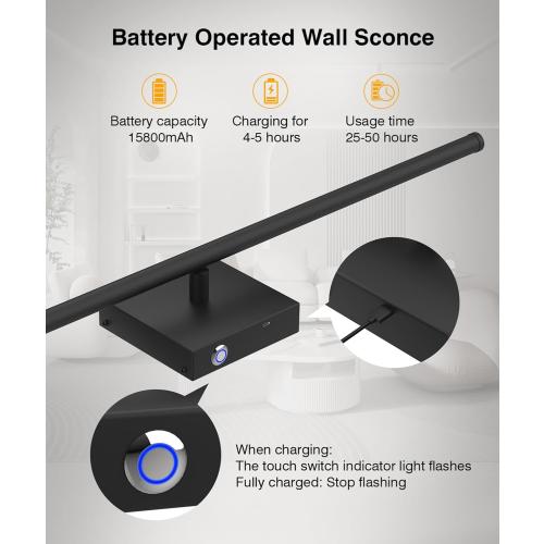 Battery Operated Wall Sconce with Remote Control,Wall Sconces Set of Two,3000K-6500K LED Wireless Wall Light for Bedroom, Hallway, Background Wall, 350°Rotate,26.6 Inch, Black(2 Pack)
