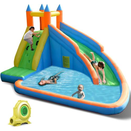 Costzon Inflatable Water Slide, Giant Bouncy Waterslide Park for Kids Backyard Outdoor Fun w/ 480w Blower, Climbing, Splash Pool, 2-pcs, Blow up Water Slides Inflatables for Kids Party Gift