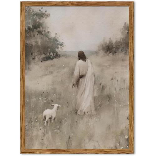 Jesus Leaves The 99 Sheep Wall Art Painting, Vintage Shepherd Christian Wall Decor Lost Lamb Religion Artwork 3D Textured Hand Drawn Sandstone for Living Prayer Room Bedroom 24x36 inch Wood Framed