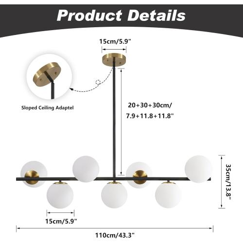 KCO Lighting Black and Brass Linear Pendant Light Mid Century Modern Sputnik Chandelier 7 Lights Milk Glass Globe Kitchen Island Pendant Lighting for Dining Room Living Room