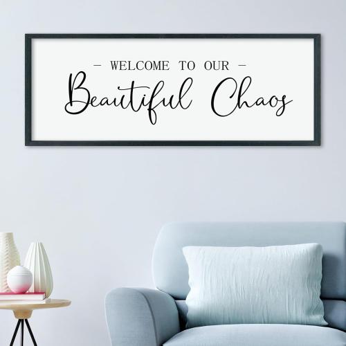 LuZhiQiang Welcome To Our Beautiful Chaos Sign Wall Decor 40×15 for Home Living Room Entryway Bedroom Large Wood Framed Wall Hanging Art (Black)