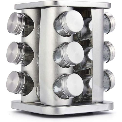 Rotating Spice Rack Organizer with 12 Jars - Revolving Standing Seasoning Tower with 12 Glass Bottles for Countertop Kitchen Cabinet, Stainless Steel, Silver