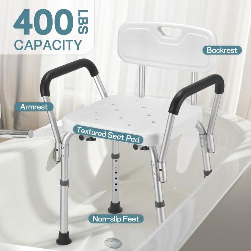 Shower Chair for Elderly and Disabled with Padded Armrests and Back, Adjustable Height Shower Seat, Tool-Free Heavy Duty Shower Chairs for Inside Shower, Handicap