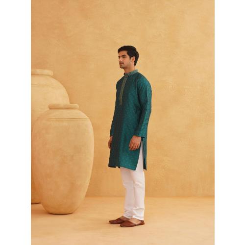 Size Large 40 ojanya (Since 1958 Men's Red Jacquard Silk Kurta & Churidaar Pyjama