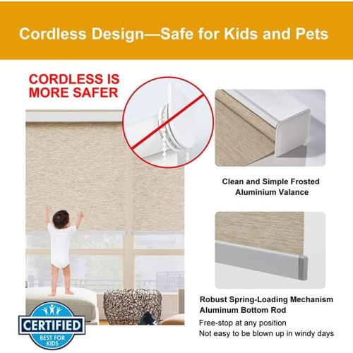 Persilux Free-Stop Cordless Roller Window Blinds Light Filtering Roller Shades for Windows (Khaki 24 W x 72 H) Natural Woven Fabric UV Protection Thermal Insulation Roller Blinds for Windows, Home