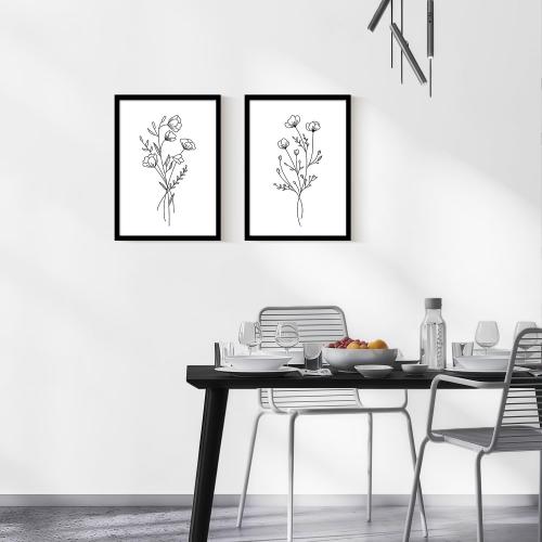 Framed Set of Two Canvas Wall Art Simple Botanical Line Print Black and White Floral Poster Modern Gallery Print for Living Room or Bedroom Wall Decor 12x16 Inch