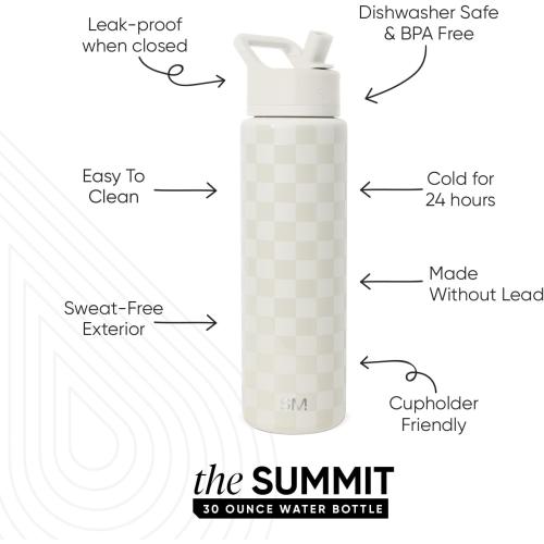 Simple Modern Water Bottle with Straw Lid | Vacuum Insulated Stainless Steel Metal Thermos | Reusable Leak Proof BPA-Free Flask for Sports Gym | Summit Collection | 30oz, Cream Checkmate