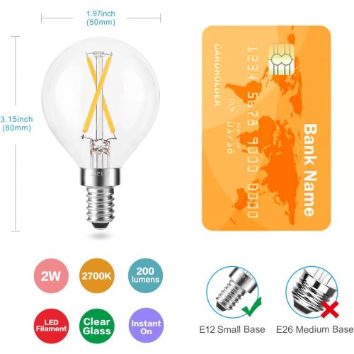 E12 LED Light Bulbs 25-Watt Equivalent (Dimmable), Warm White 2700K, 2W Vintage Clear G15/G50 Globe LED Bulb for Beside Lamp Ceiling Fan Pendant Lights Chandelier Fixture, 200 lm, 8 Pack