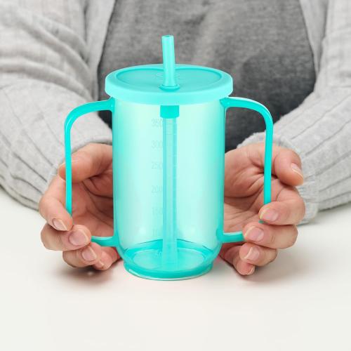 Sliner Adult Sippy Cups for Elderly 12 oz Straw Sippy Cups with 2 Handles No Spill for Adults Spill Proof Dysphagia Cup for Disabled Patients (Blue)