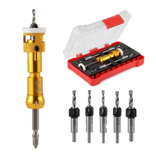 7 Pcs Countersink Drill Bit Set with Low Friction Depth Stop,82 Degree Carbide Tipped Countersink Bit(1/8x3/8,9/64x 3/8,5/32x3/8,11/64x1/2,3/16x1/2 ) with 1/4 Quick Release Hex Shank (Yellow)