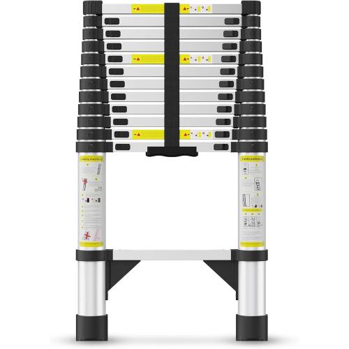 Telescoping Ladders,12.5 FT Aluminum Telescopic Ladder with Triangle Stabilizers and Non-Slip Feet,Portable Collapsible Extension Ladder for Home,RV,Outdoor Work,330lbs Max Capacity