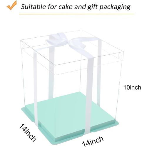 XININSUN 14x14x12inch clear cake box with ribbon,12inch14inch tall cake boxes for tiered cakes,layer cake carrier,disposable cake containers,ideal for wedding birthday party and gift display-Green