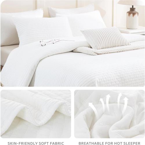 Sanracie Stonewashed Oversized King Bedspread(118x106), Cotton Milk White California King Quilt Coverlet Cross Stitch Ultra Soft Lightweight 3Pcs Crinkle Bed Coverlet Set for All Season