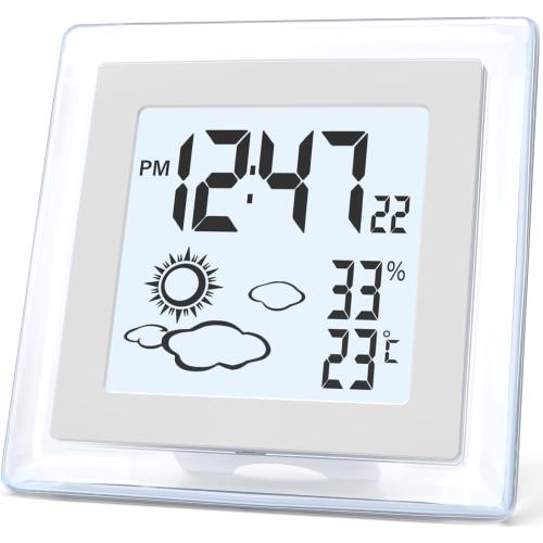 Small Clock Digital Battery Operated Alarm Clock with Auto Backlight, Indoor Temperature Humidity, 12/24H, Date, Travel Alarm Clock Desk Clock Small Clock for Shelf (Battery Included)