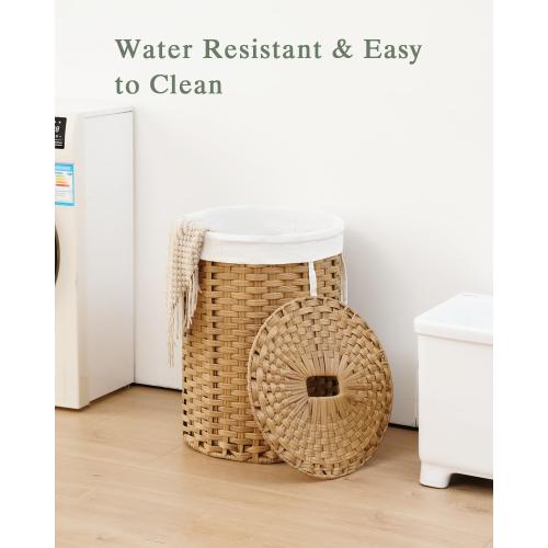 SETVSON Laundry Hamper with Lid 23.8 Gal (90 L) PE Rattan, Natural | 90L 23.8 Gal Round PE Rattan Hamper with Lid, Removable Washable Liner Bag, 2 Mesh Wash Bags, Steel Frame, Handles