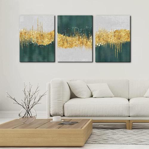 Pacimo Canvas Art Wall Decor Geometric Gold Green Pictures Strokes Abstract Shapes Illustrations Painting Prints on Canvas 3 Pieces Modern Artwork Stretched and Framed Ready to Hang - 12 x 16 x 3