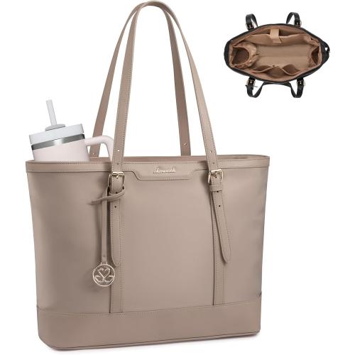 LOVEVOOK Work Tote Bag for Women 15.6 Inch Laptop Computer Bags with Cup Holder, Large Teacher Bag Briefcase for Business Office Travel Nude, Nylon&PU