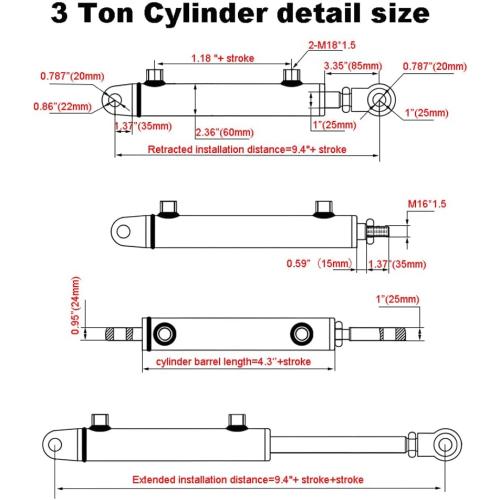 2x18 Hydraulic Cylinder 3 Ton Double Acting Welded Hydraulic Cylinder 2 Bore x 18 Stroke with 3/8 JIC 37°(9/16-18 Thread) Hydraulic End Connectors Maximum Thrust Force 6613lbs