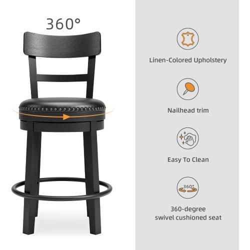 Signature Design by Ashley Valebeck Faux Leather Upholstered Swivel Barstool, Nailhead Trim, Solid Wood, 16.75 W x 19.75 D x 37.25 H, Antique Black