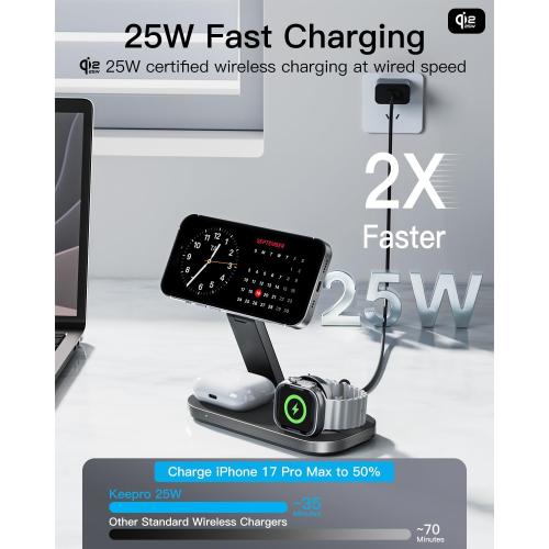 3-in-1 Charging Station for Apple Device, Qi2 25W Magnetic Wireless Foldable Fast Charger Stand Compatible with MagSafe for iPhone Air/17/16/15/14/13/12 Series, Apple Watch & AirPods