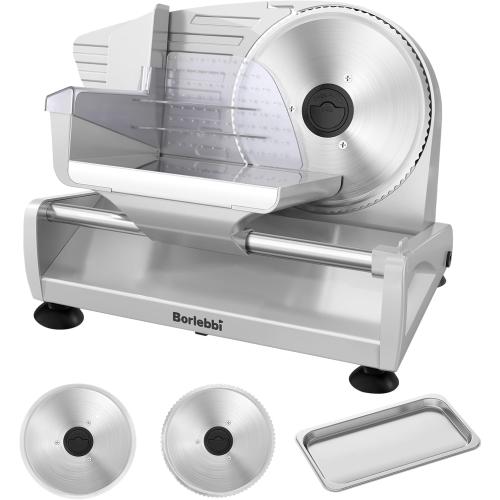 Color Silver Borlebbi Meat Slicer, 200W Meat Slicer Machine for Home, DC Motor Quiet Deli Slicer with 2 Removable 7.5'' Stainless Steel Blades, Adjustable Dial for 0-15mm, Electric Food Slicer for Meat, Cheese, Bread