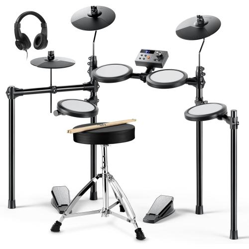 Donner Electric Drum Set, DED-70 Electronic Drum Kit for Beginner with 150 Sounds, 4 Quiet Mesh Pads, 9 Cymbals, USB MIDI, Type-C Charging, 2 Pedal, Throne, Headphones, Sticks, Melodics Lessons