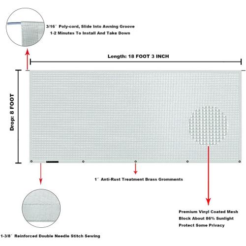 COLOR BEIGE Tentproinc RV Awning Sun Shade Screen 8' X 18' 3'' (Fit for 19' Awning) Mesh Sunscreen for RV Awning Sunshade Motorhome Camper Trailer Awning Screenshade Block UV Glare - 3 Year Warranty