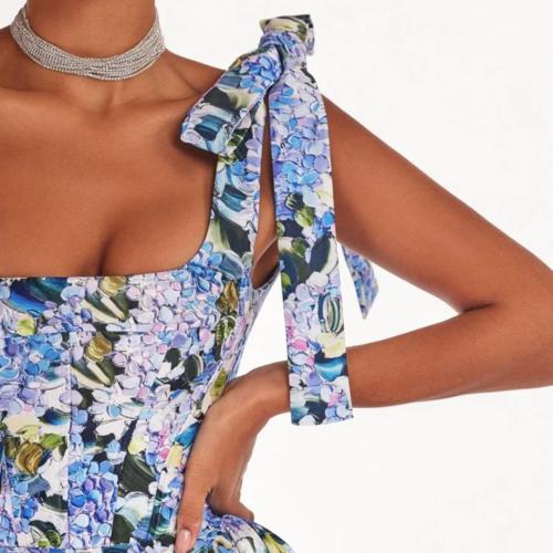 Blue Medium Women Floral Print Square Collar Lace-up Sling Long Backless Hollow Boho Hem Maxi Dress
