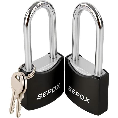 SEPOX® 1-9/16 All-Weather Outdoor Padlocks Keyed Alike, 1-3/4 Long Shackle, Solid Steel Lock, Heavy-Duty with Black Cover, Design for Gate Fence Cabinet Toolbox School Gym Locker with 2pcs Same Key