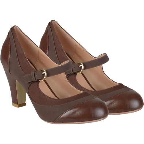 Size 8 Color Brown  Women Kitten Heel Mary Jane Pumps Closed Round Toe Ankle Strap Patchwork Comfy 3” Mid Chunky Mary Jane Heels Cap Toe Two Tone Buckle Dress Shoes Ladies Wedding Vintage 4-11 M US