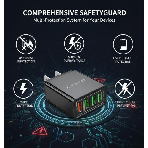 Phone Charger, 4-Port Wall with Intelligent Temperature Control, Intelligent Temperature Charging Universal Compatibility, Portable Charger, Fast Charging Block (Black*2pcs)