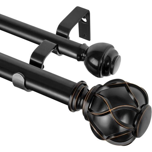 KAMANINA 1 Inch Double Curtain Rods for Windows 36 to 72 Inches (3-6 Feet)，Black Heavy Duty Double Curtain Rod, Telescoping Drapery Rod with Netted Texture Finials