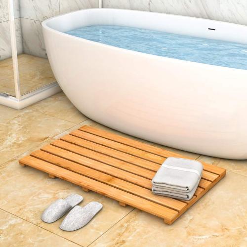 Bamboo Wooden Bath Floor Mat for Luxury Shower - Non-Slip Bathroom Waterproof Carpet for Indoor or Outdoor Use