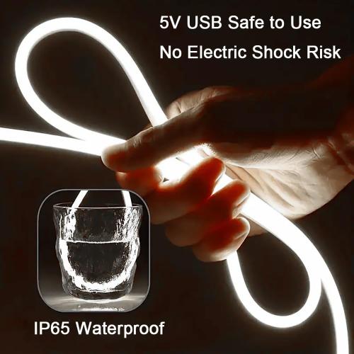USB LED Neon Lights, White 3.28ft 5V LED Light Strip Waterproof Flexible, Dimmable LED Rope Lights for Bedroom, Cabinet, Kitchen, DIY Lighting (Power Adapter not Included)