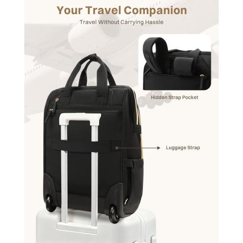 Rolling Puffer Backpack for Women, Wheeled Laptop Backpack, Short-Term Travel Backpack with Wheels, Roller Adults Work Computer Bag, Water Resistant Overnight College Underseat Carry on Luggage, Black