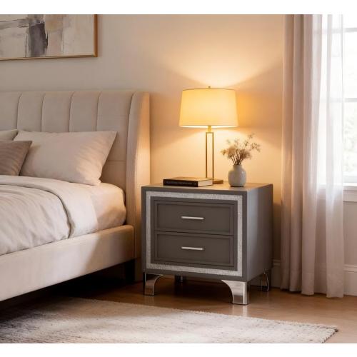 Mid Century Vintage Nightstand with Silver Glitter Strip, Gray Velvet Bedside Table with 2 Drawers and Metal Legs
