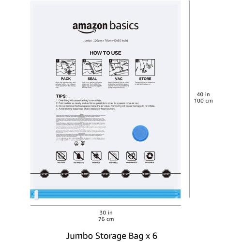 Amazon Basics Vacuum Compression Space Saving Storage Bags with Hand Pump for Clothes Packing, Jumbo, Clear, Pack of 6
