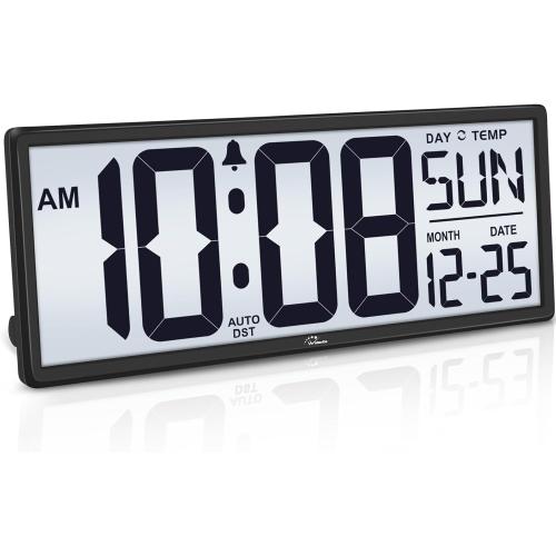 WallarGe Backlight Digital Wall Clock Battery Operated - with Temperature and Date 14.5'' Large Digital Wall Clock, Easy to Read and Set, Auto DST