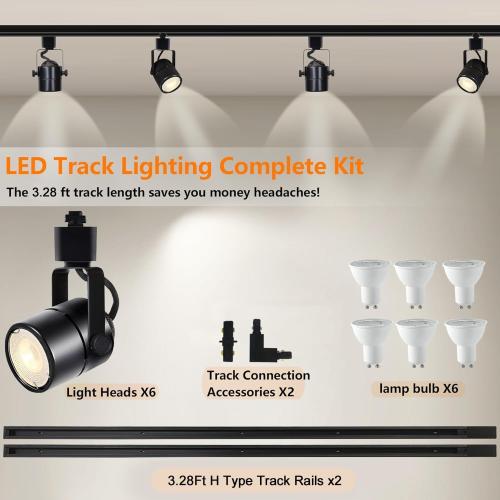 Black Dimmable LED Track Lighting Heads Kit,3CCT 10W Track Lights Heads 3000K/4000K/6000K Adjustable with 6.56FT H-Type Track Light Rails 6PCS Ceiling Spotlight Fixture Replaceable GU10 Bulbs