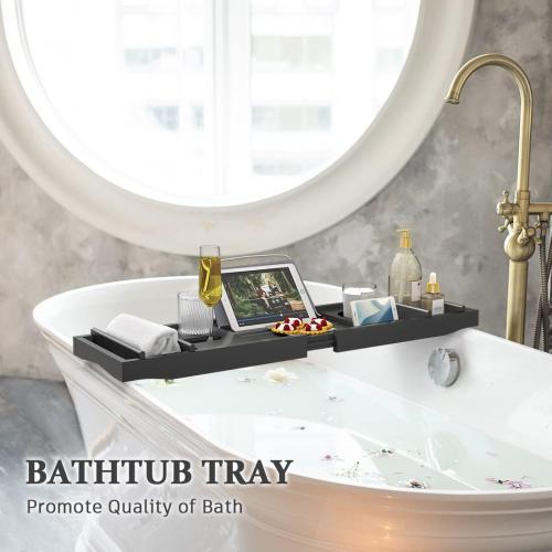 Black Bath Caddy Tray for Bathtub - Bamboo Adjustable Organizer Tray for Bathroom with Free Soap Dish Suitable for Luxury Spa or Reading(Black)