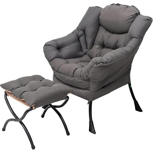 Welnow Lazy Chair with Ottoman, Reading Chair with Footrest,Dark Grey | A Side Pocket,Armrests,Foldable Footrest,Thick Cushioned Seat & Backrest, Lounge Chair for Bedroom,Living Room & Small Space