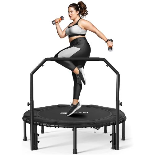 BCAN Adult Mini Trampoline, 48 Fitness Trampoline with Bungees, U Shape Adjustable Foam Handle, Stable & Quiet, Indoor Outdoor Workout-Black
