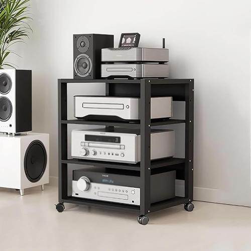 4 Tier Audio Rack Tower, CD Record Player Stereo Receiver AV Equipment Cabinet Display Rack, Weight Capacity 661 lbs, with Adjustable Wooden Shelves for Home (4 Tier Black)