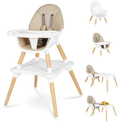 Beige 6 in 1 High Chair for Babies & Toddlers, Convertible Wooden Baby Highchair, Table and Chair Set, Baby Feeding Chair, 5-Point Adjustable Harness/4-Position Removable Tray& PU Seat Cushion