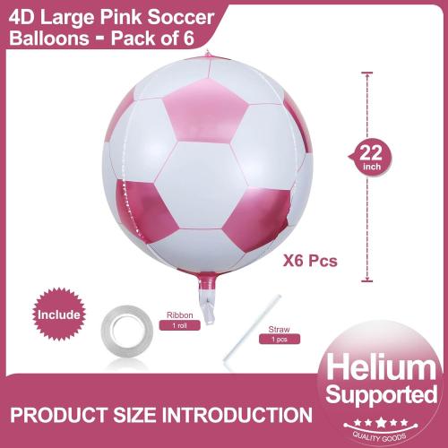 6 Pack 22 Inch Pink Soccer Balloons Giant 4D Mylar Football Balloons Helium Foil Blue Soccer Balloons for Birthday Party Sports Themed World Cup Party Decorations